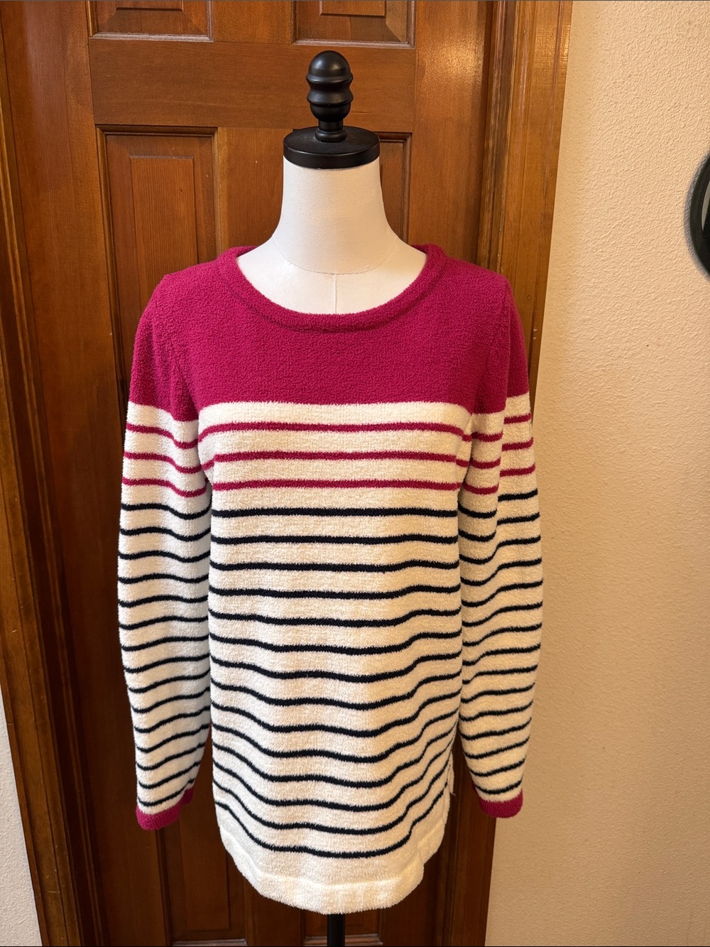 Joules Fuchsia, White Striped Crewneck Sweater Size 8
